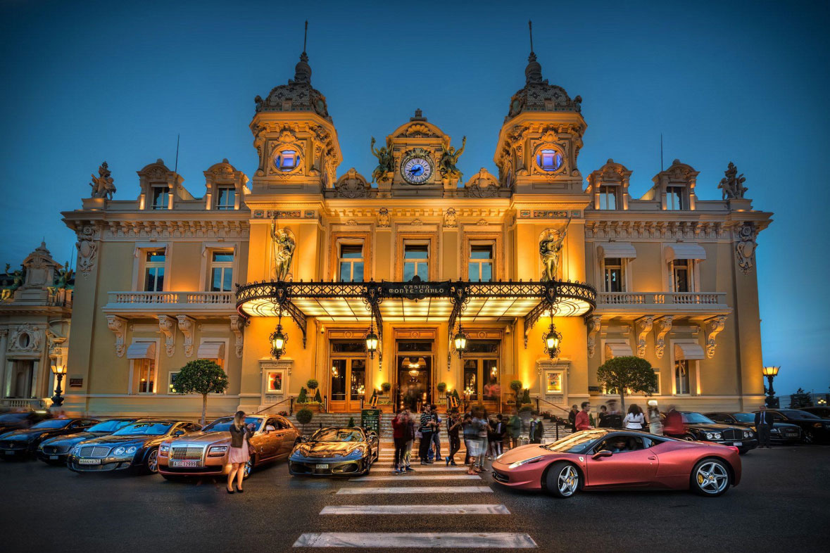 Monte Carlo Casino at night on luxury yacht charter in french Riviera